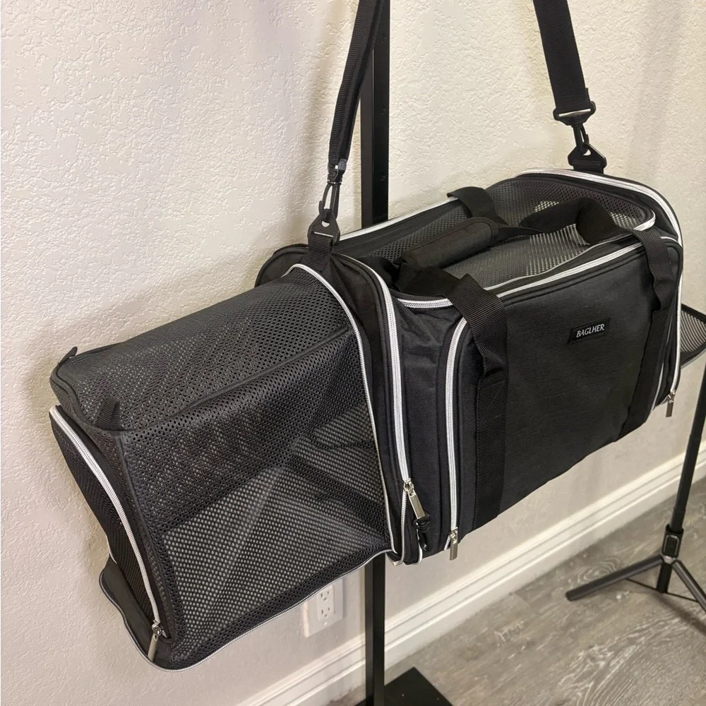 Black Foldable Mesh Cat Carrier Travel Bag with Multiple Openings